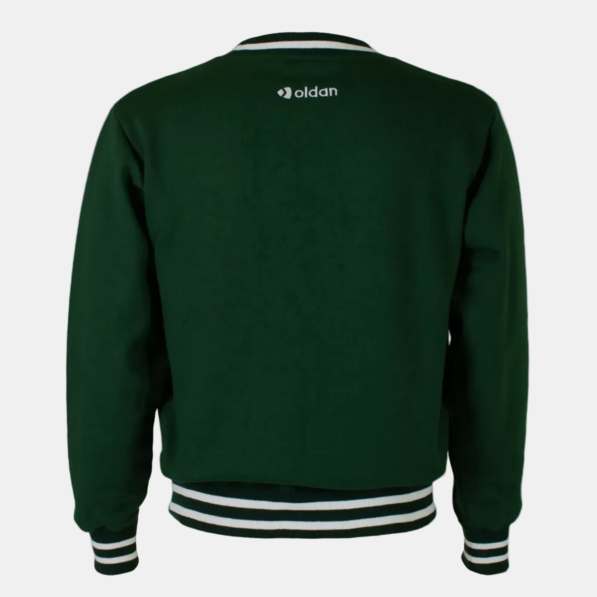 Green sweatshirt with a brand logo on the back against a white background