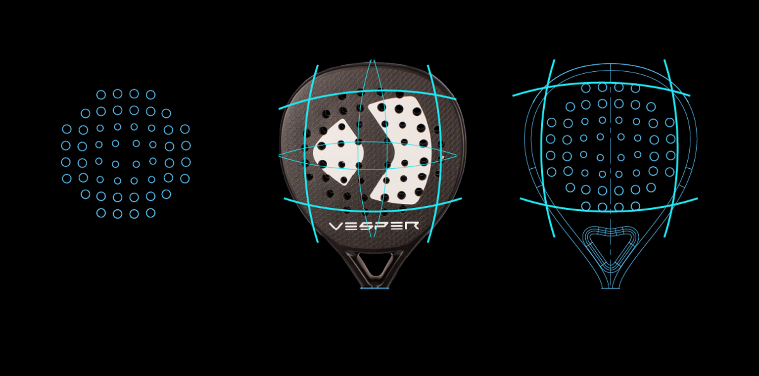 Vesper paddle with detailed design on a black background. A padel racket with a new design for a unique hole layout.  